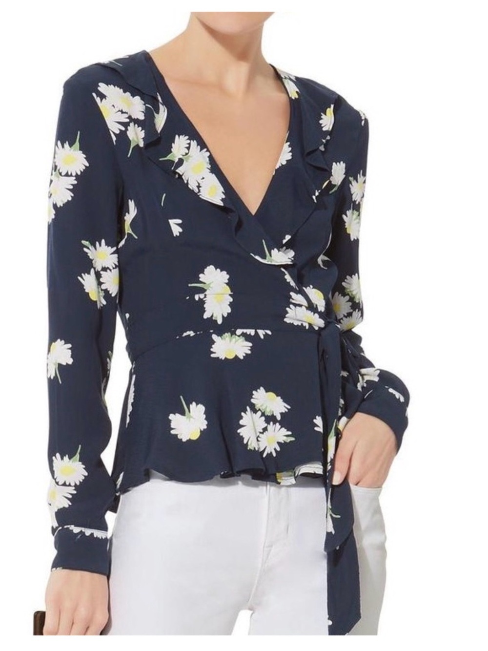 NWOT GANNI Ruffled Floral Print V-Neck Wrap Blouse Navy Size 38 US 6